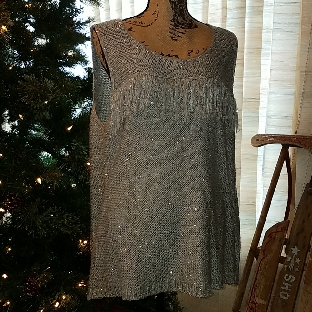 SALE 🎅Sleeveless fringed Silver Sequined Knit Top
